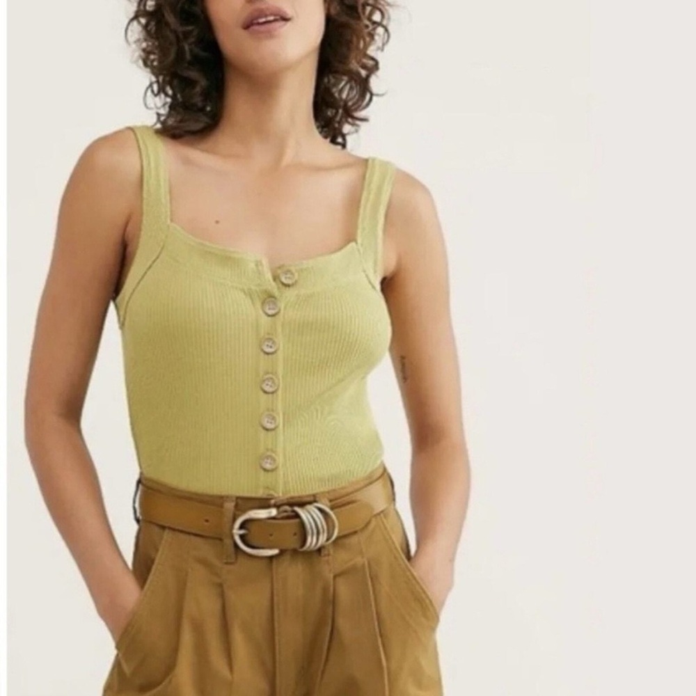 FREE PEOPLE Bridgette Ribbed Button Tank Green Cropped Cotton Summer Top M